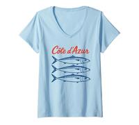 Donna Costa Azzurra Sardine Maglietta con Collo a V