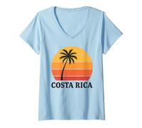 Donna Costa Rica Tramonto Palma Vintage Retro Maglietta con Collo a V