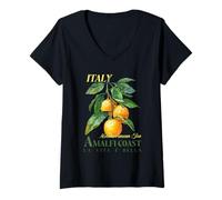 Donna Costiera Amalfitana Vacanze Mar Mediterraneo Limoni Italiani Retro Maglietta con Collo a V