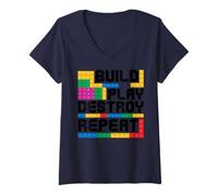 Donna Costruisci Gioca Distruggi Ripeti Building Block Builder Maglietta con Collo a V