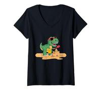 Donna Costruisci il tuo Dino-Sandcastle Happy Summer Maglietta con Collo a V