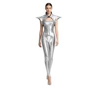 Donna Costume Alieno Donne Tuta Spaziale Lucente Corpo Wet Look Argento M