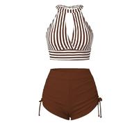 Donna Costume da Bagno Bikini Brasiliana Solid Color Striped Two Piece Bikini Swimsuit Women Tight Sexy Set da Bagno Costume Intero con Volant Donna (Brown M)