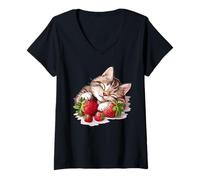 Donna Costume da gatto assonnato e frutti per gli amanti delle fragole Maglietta con Collo a V