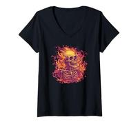 Donna Costume da scheletro di fuoco per gli amanti degli scheletri e delle fiamme Maglietta con Collo a V