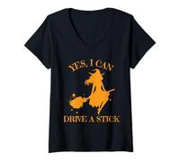 Donna Costume da Strega Spaventosa per Halloween «Yes I Can Drive a Stick» Maglietta con Collo a V