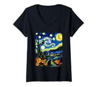 Donna Costume da Strega Volante per Halloween, Gatto Nero, Van Gogh Maglietta con Collo a V