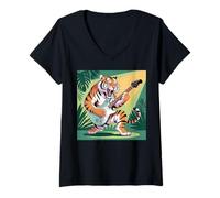 Donna Costume da Tigre con Chitarra con Stampa di Tigre, Rock Star del Rock And Roll Maglietta con Collo a V