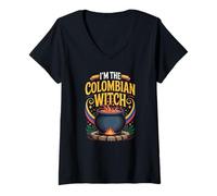 Donna Costume di Halloween con Bandiera della Colombia I'm The Colombian Witch Maglietta con Collo a V