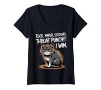 Donna Costume divertente da gatto Rock Paper Scissors Throat Punch I Win Maglietta con Collo a V