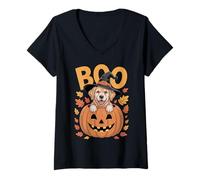 Donna Costume d'oro su Zucca Halloween Golden Retriever Maglietta con Collo a V