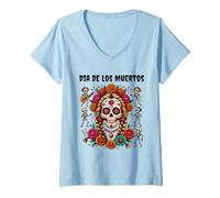 Donna Costume Messicano Dia De Los Muertos Day Sugar Skull Flowers Maglietta con Collo a V