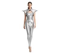 Donna Costume Metallico Alieno Donne Pezzi Tuta Spaziale Lucente Argento M