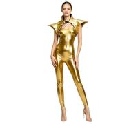 Donna Costume Metallico Alieno Donne Pezzi Tuta Spaziale Lucente Oro S
