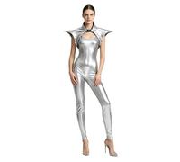 Donna Costume Metallico Tuta Spaziale Lucente Lucido Space Girl Argento S