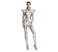 Donna Costume Metallico Tuta Spaziale Lucente Lucido Space Girl Argento XL