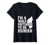 Donna Costume Peloso con Scritta I'm A Wolf Pretending To Be Human Low Budget Maglietta con Collo a V