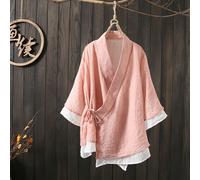 Donna Cotone Lino Kimono Cappotto Giacca Doppio Strato Tinta Unita Rosso Fuoco