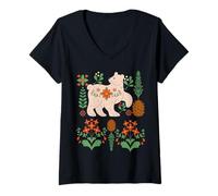 Donna Cottage Core Nordic Winter Bear Pigna e Natura Maglietta con Collo a V
