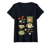 Donna Cottage Core - Stampa artistica con fiori di tè e fragole Maglietta con Collo a V