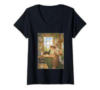 Donna Cottagecore Cozy Morning Agriturismo Colazione Gatto Nero Maglietta con Collo a V