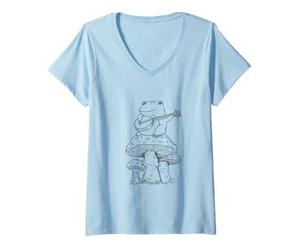 Donna Cottagecore Frog Playing Banjo on Mushroom Aesthetic Maglietta con Collo a V