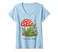 Donna Cottagecore Frog Tea Time Funghi Goblincore Estetica Maglietta con Collo a V