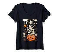 Donna Cottagecore Goth Skeleton Frog Cozy Coffee Zucca per Halloween Maglietta con Collo a V