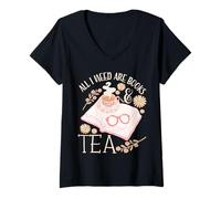 Donna Cottagecore - Teiera con scritta "All I Need Are Books and Tea" Maglietta con Collo a V