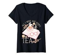 Donna Cottagecore - Teiera con scritta "All I Need Are Books and Tea" Maglietta con Collo a V