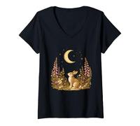 Donna Cottagecore Vintage Coniglio Fiore Selvatico Moonlit Woodland Rabbit Maglietta con Collo a V