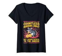 Donna Countless Horrors Await Vintage Japanese Rat Meme Eat Cheese Maglietta con Collo a V