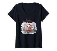 Donna Country Christmas Wishes Snowy Cabin Maglietta con Collo a V