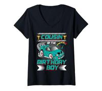 Donna Cousin of The Birthday Boy Race Car Party Family Matching Maglietta con Collo a V
