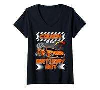 Donna Cousin of The Birthday Boy Race Car Party Family Matching Maglietta con Collo a V