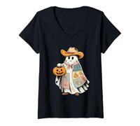 Donna Cowboy Ghost Pumpkin Halloween Patchwork Cowboy Costume Maglietta con Collo a V