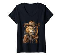 Donna Cowboy Leone Divertente Paese Western Lion Divertente Leone Cowboy Maglietta con Collo a V