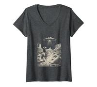 Donna Cowboy UFO Alien Incontro Cavallo Retro Deserto Occidentale Maglietta con Collo a V
