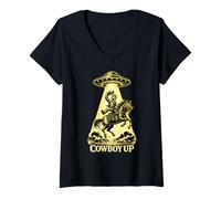 Donna Cowboy Up UFO Abduction Divertente Design Western Alien Maglietta con Collo a V