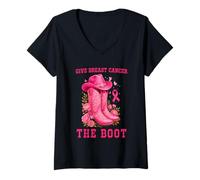 Donna Cowgirl Boots Breast Cancer Awareness Pink Ribbon Maglietta con Collo a V