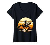 Donna Cowgirl e Cavallo - Cavalcando Verso Il Tramonto Maglietta con Collo a V