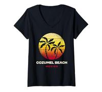 Donna Cozumel Beach Messico Retro Palm Tramonto Spiaggia Tropicale Vibes Maglietta con Collo a V