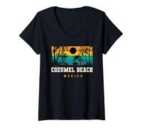 Donna Cozumel Beach Messico Retro Tramonto Palma Spiaggia Tropicale Vibes Maglietta con Collo a V