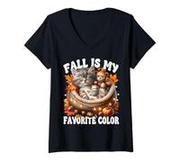 Donna Cozy Autumn Cat in Kitten Bed Fall Is My Favorite Color Maglietta con Collo a V