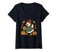 Donna Cozy Autumn Duck Pumpkin Coffee Lovers T-Shirt Maglietta con Collo a V