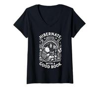 Donna Cozy Bear Lettura Ibernato con Un Libro Design Maglietta con Collo a V