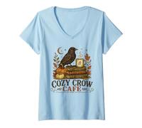 Donna Cozy Crow Cafe, Design Vintage per Amanti del caffè Autunnale Maglietta con Collo a V