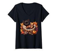 Donna Cozy Fall Cat in Kitten Pajamas for Cats And Autumn Cat Lady Maglietta con Collo a V