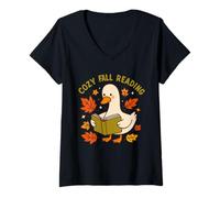 Donna Cozy Fall Reading Goose Book Lover T-Shirt Maglietta con Collo a V