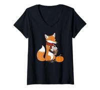 Donna Cozy Fox con caffè Autunno Vibes Autunno Maglietta con Collo a V